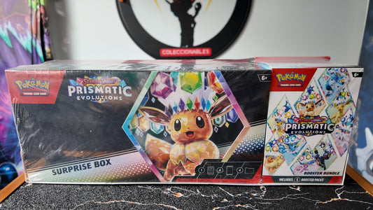 Caja combo exclusiva de venta en USA ,Surprise Box + Bundle Prismatic Evolutions( 10 sobres en total) , Ingles